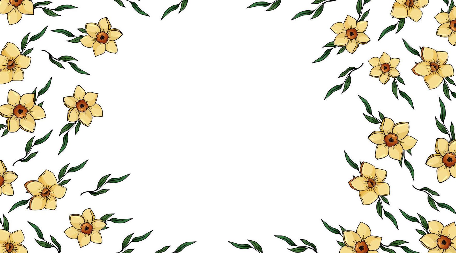 Floral banner template, advertising, web design, flyer, postcard with daffodils and leaves in a circle on a white background. hand drawn vector