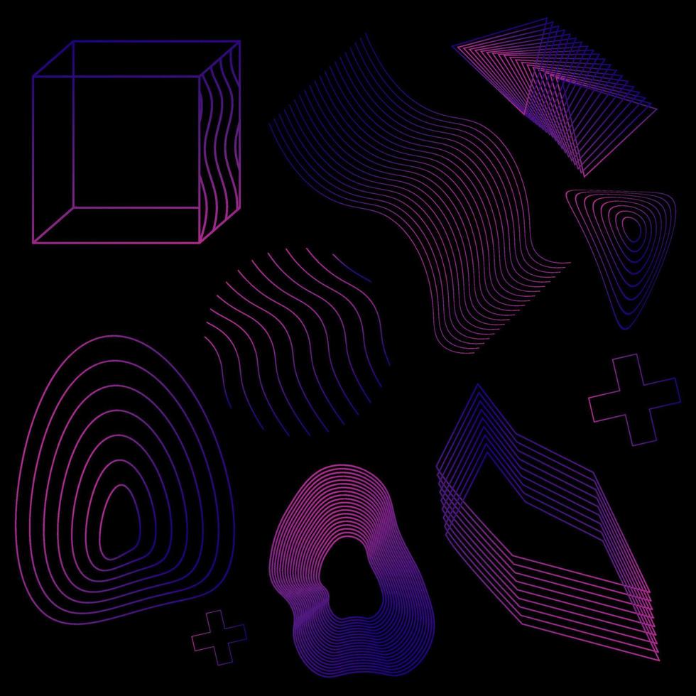 Futuristic Space Shapes. 3d Cyber Elements. Retro. Gradients. Abstract Voluminous Vector Design