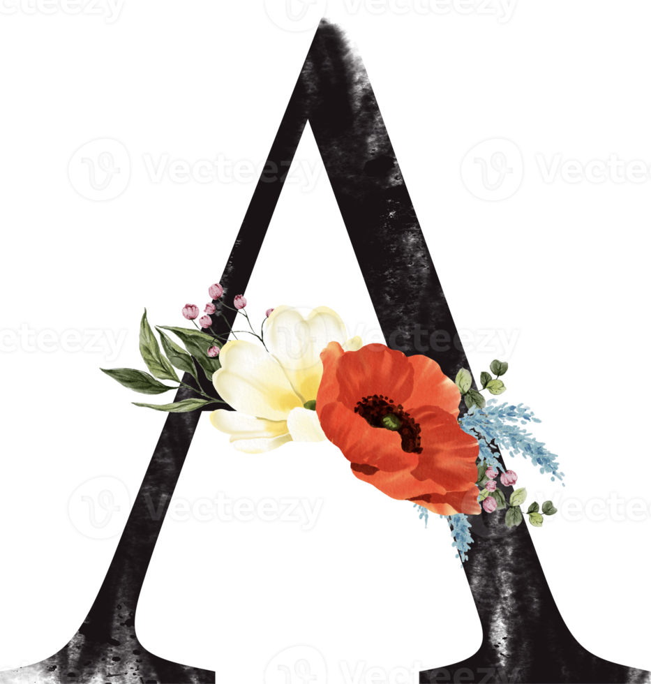 Alphabet and number flower watercolor wedding letter png