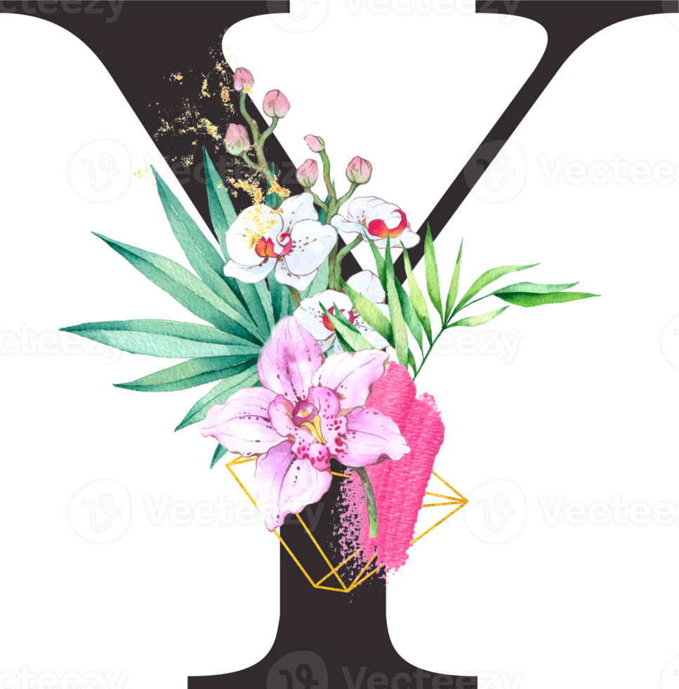 Alphabet and number Orchid flower watercolor wedding letter png