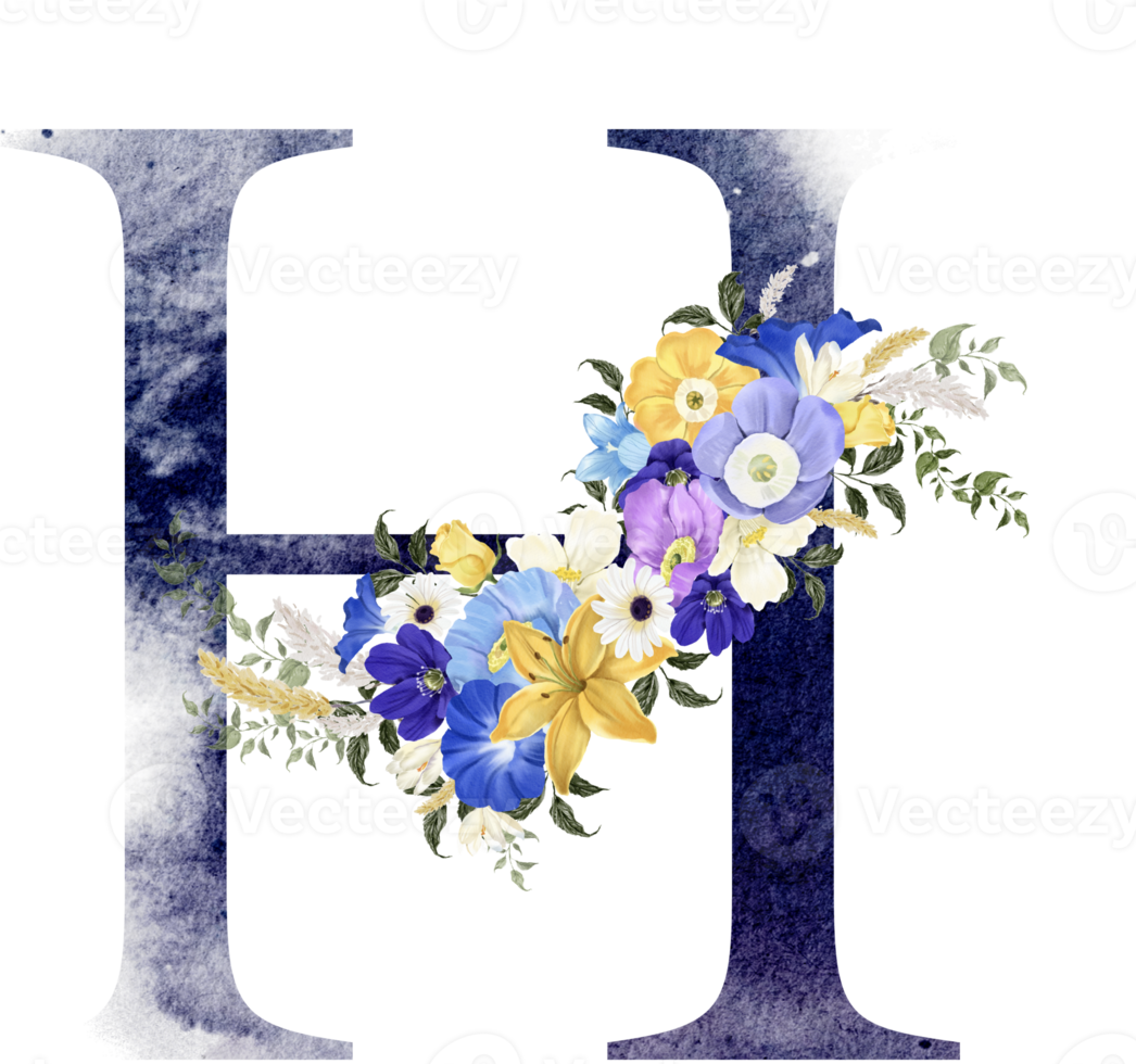 Alphabet and number flower watercolor wedding letter png