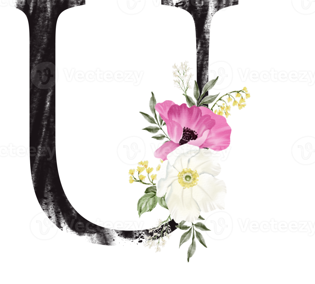 Alphabet and number flower watercolor wedding letter png