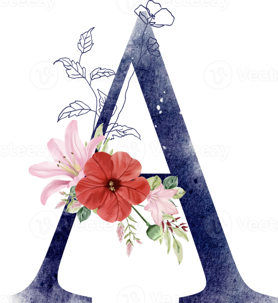 Alphabet and number flower watercolor wedding letter png