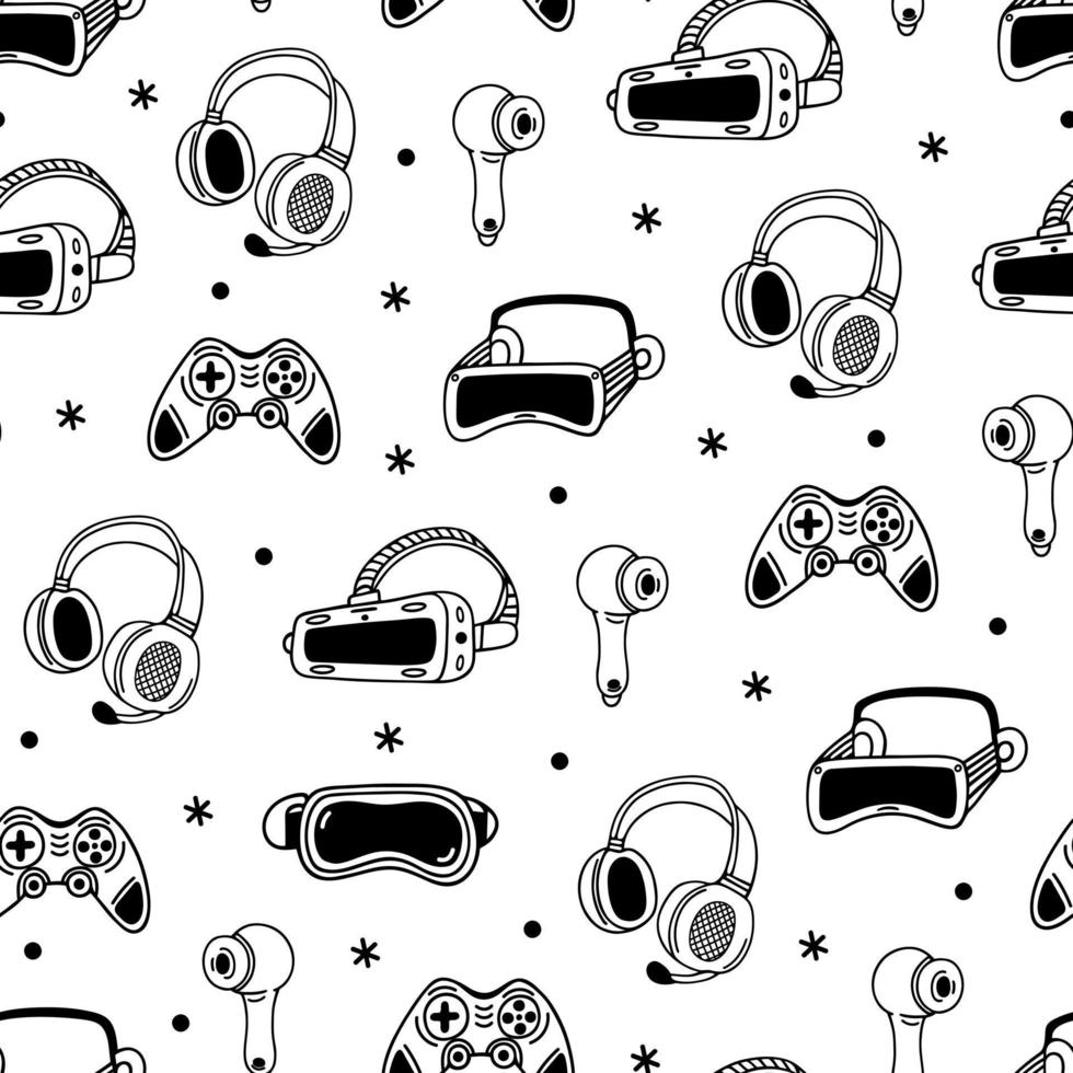 Modern gadgets seamless vector pattern. Virtual and augmented reality. VR AR glasses, joystick, headphones, headset. Device for games, 3D, music. Simple doodle. Background for prints, packaging, web