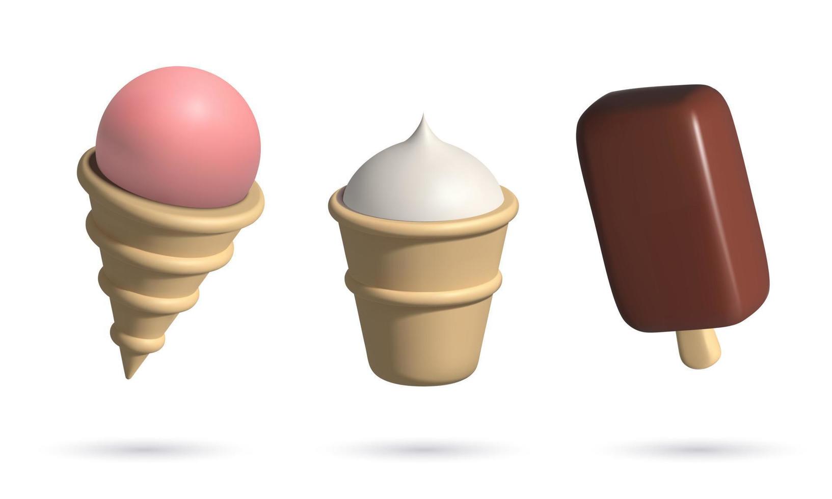 3d ice cream icons set. Chocolate popsicle, strawberry waffle cone and creamy sundae realistic vector illustration. Cute three dimensional summer desserts design elements isolated on white background.