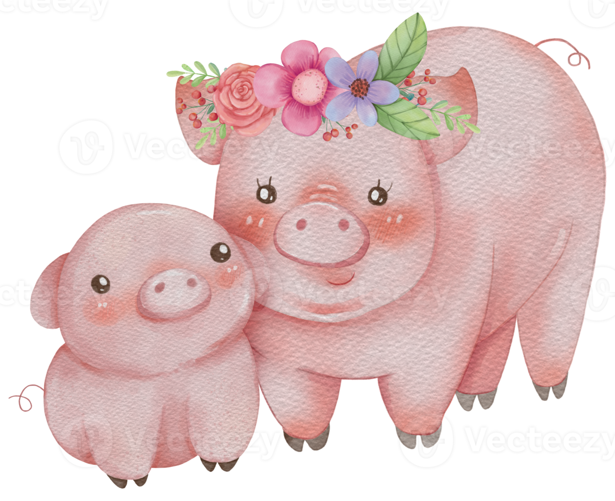 Mom and Baby cute animal watercolor character png