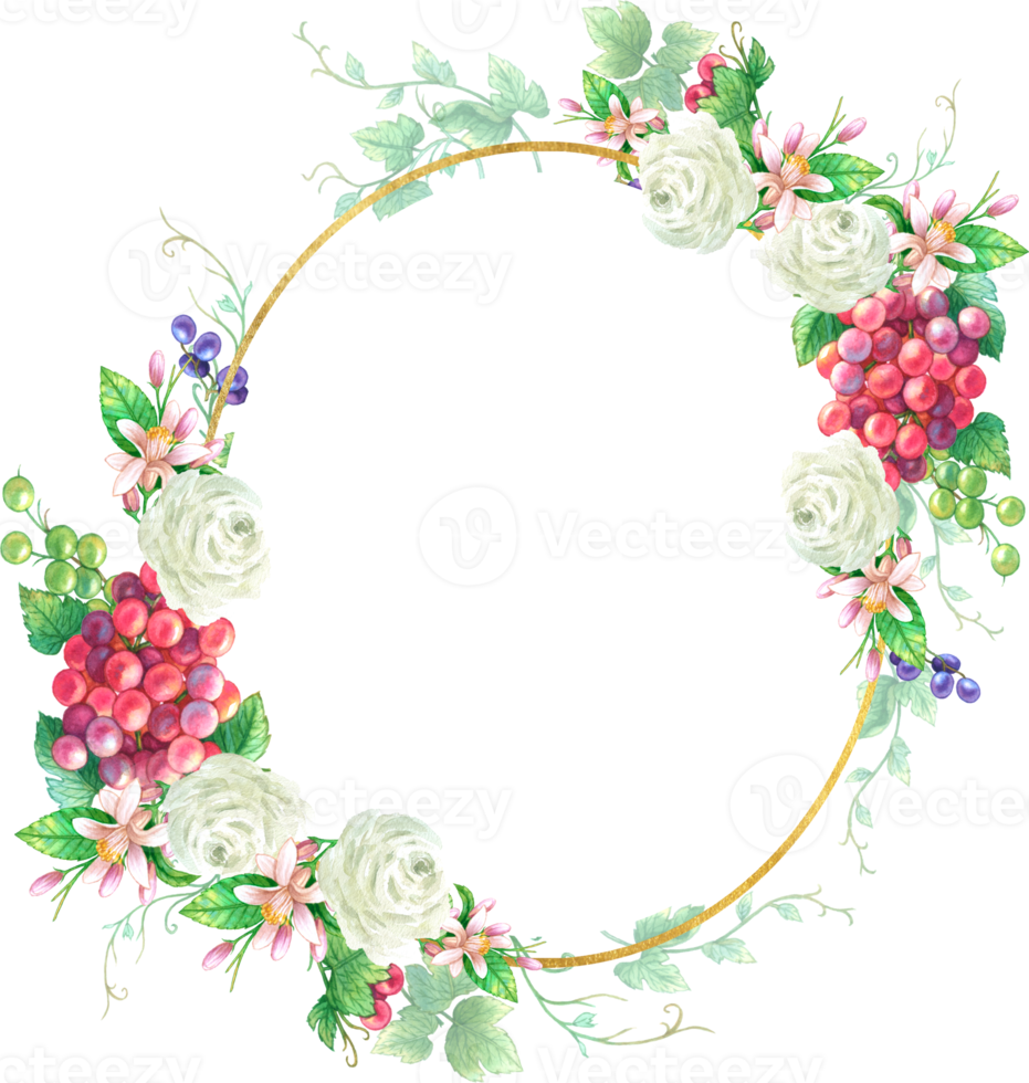 Grape fruit and flower wreath watercolor png