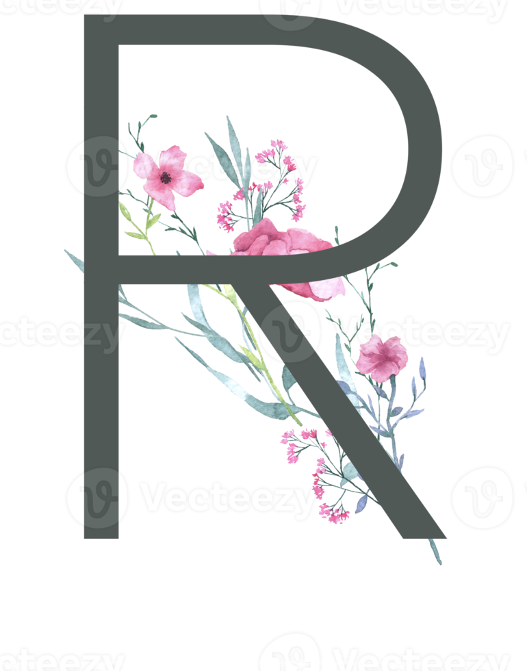 Modern Alphabet and number wildflower watercolor png