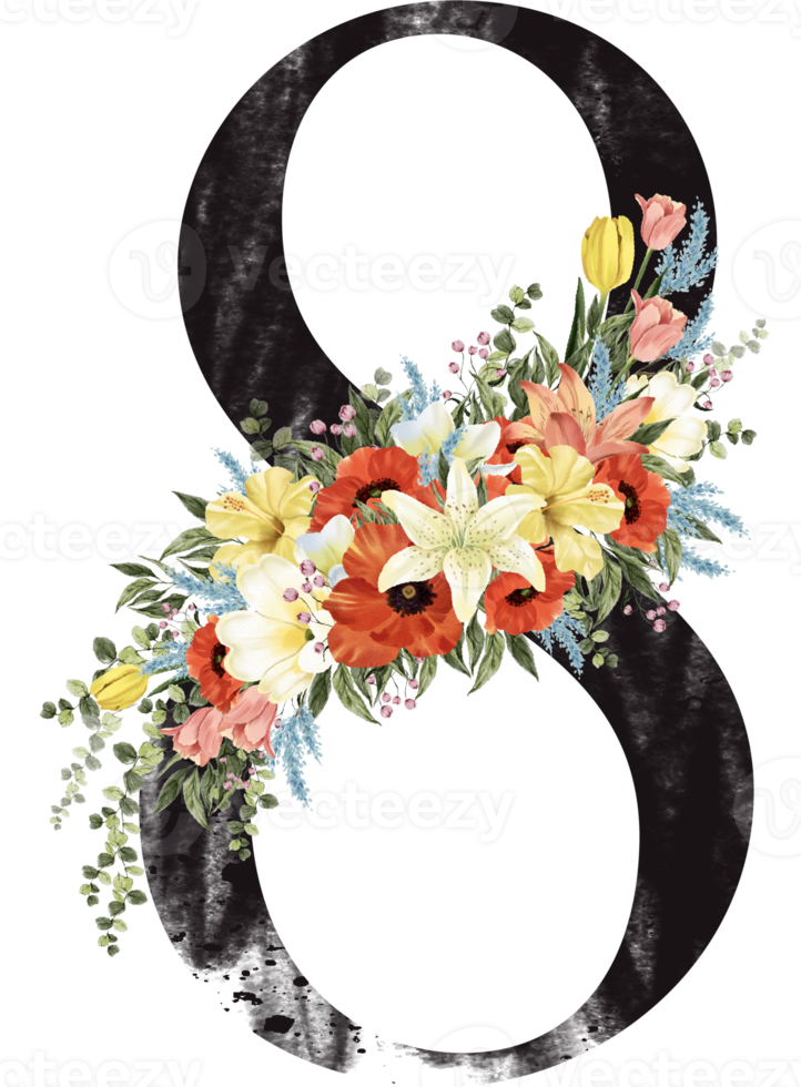 Alphabet and number flower watercolor wedding letter png
