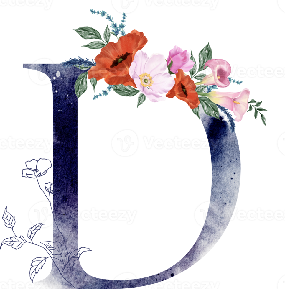 Alphabet and number flower watercolor wedding letter png