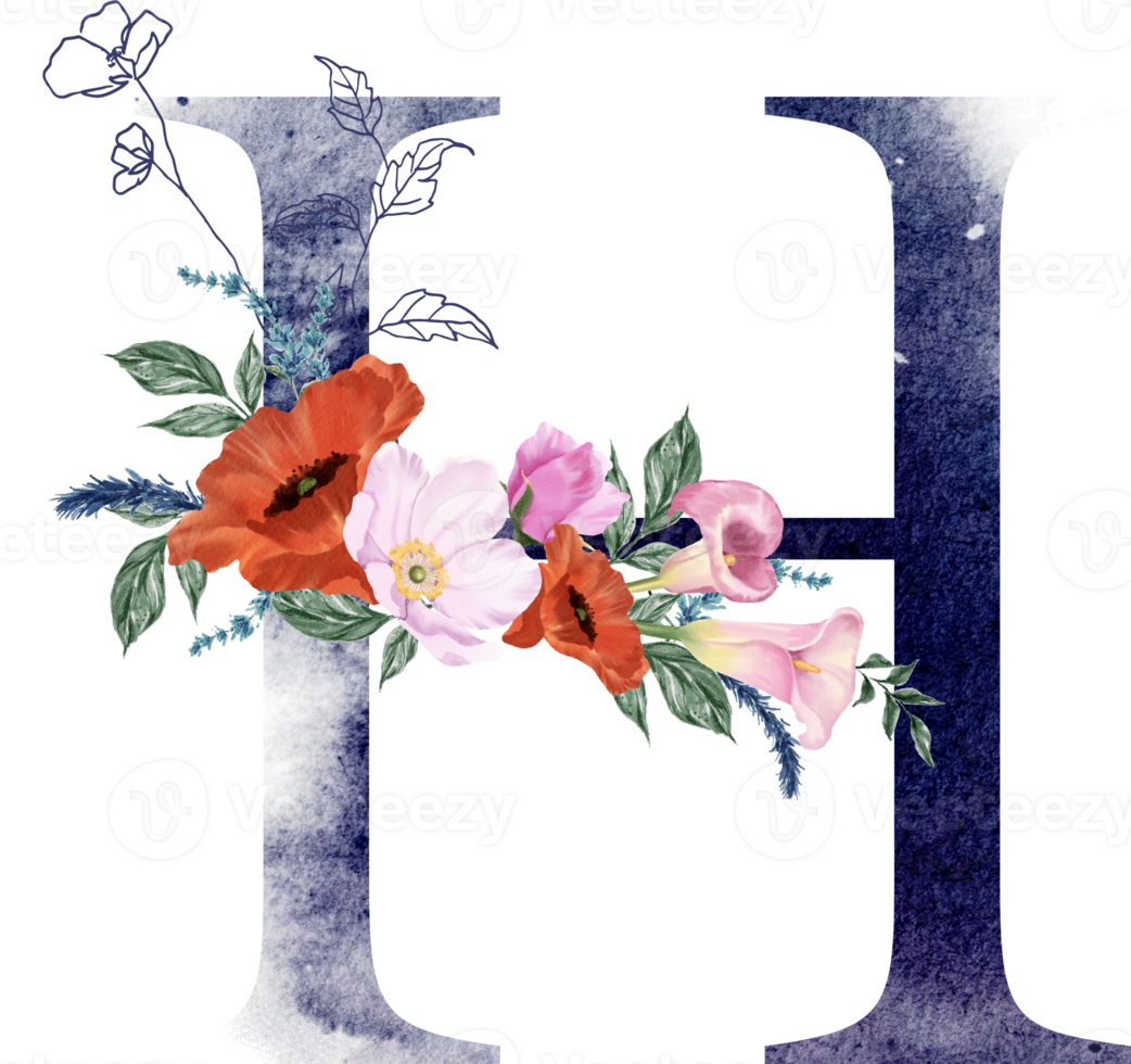 Alphabet and number flower watercolor wedding letter png