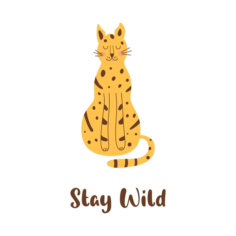 Sitting cheetah isolated animal. Text Stay Wild Sitting wild cat naive art graphic element. Cute leopard. Wild African feline animal. Cartoon jaguar. Vector hand drawn illustration.