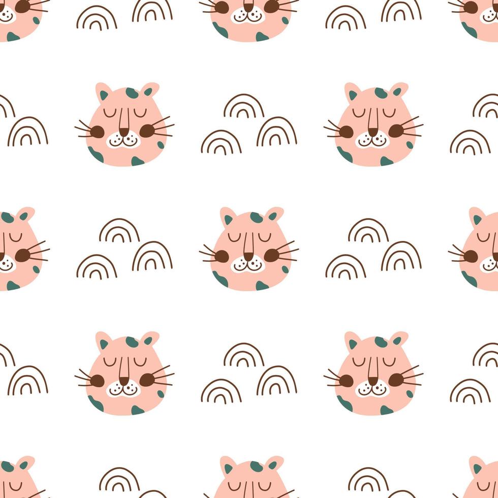 Leopard face. Pink leopard head seamless pattern. Safari animal background. Cute baby animal fabric, textile, wild cat simple texture, kids rainbows. Vector illustration. Repear jaguar faces.