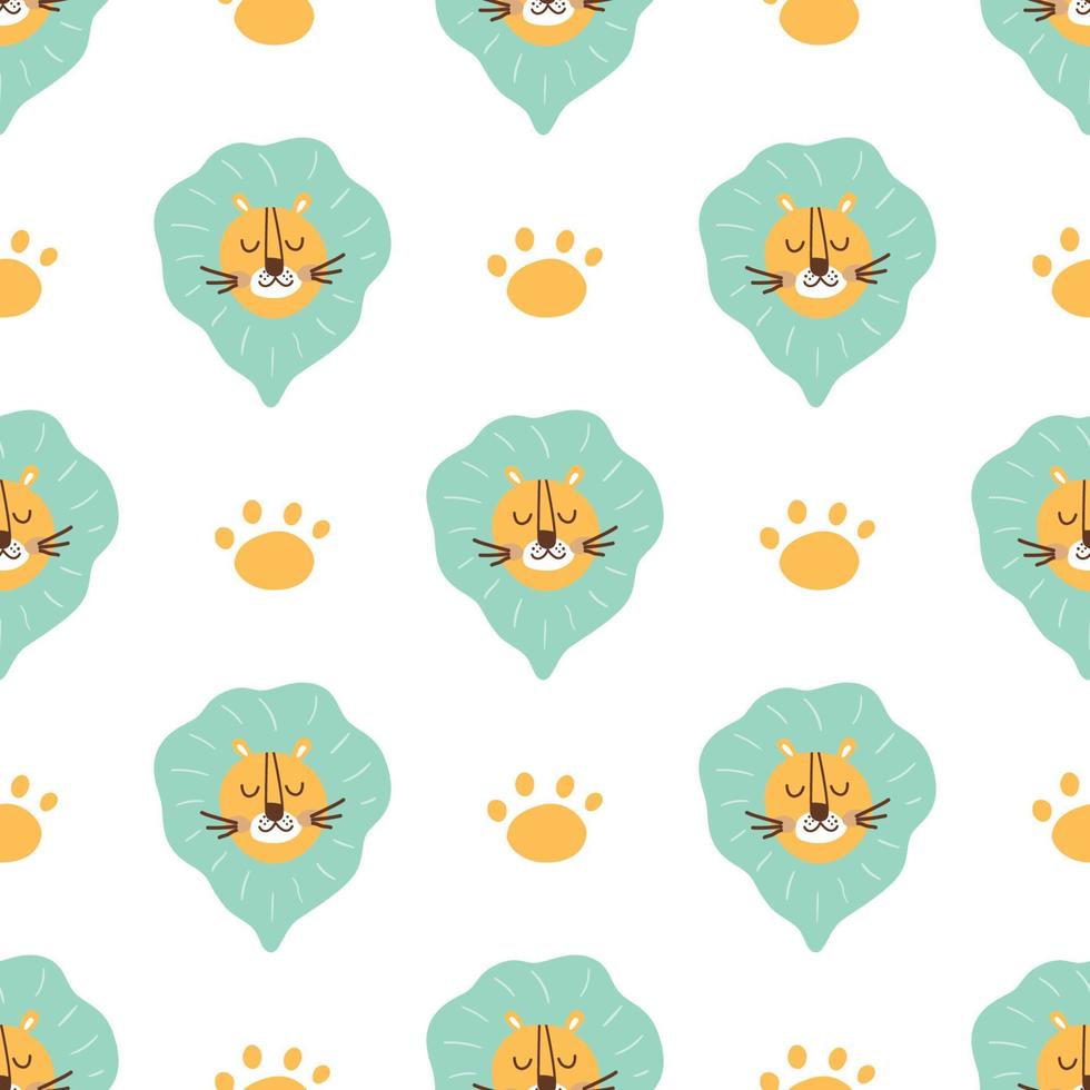 Lion pattern. Cute lion head seamless pattern. Paw, wild cat face simple background, safari animal fabric gesign. Hand drawn jungle animal in cartoon style. Kids vector illustration baby lion face.
