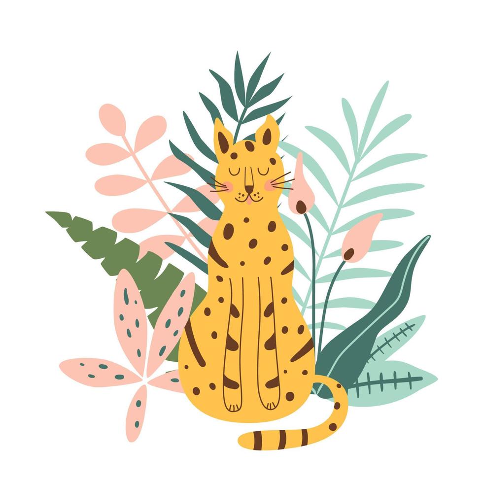 selva jaguar. selva jaguar. linda selva leopardo. africano Wilc gato debajo tropical selva hojas. infantil felino. selva animal leopardo, botánica tropical hojas póster. vector ilustración.