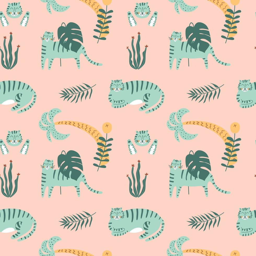 Pink tiger seamless pattern. Blue tiger on pink background, jungle leaves, tropical palm tree. Wild animal pink pattern. Summer tropical print. Safari Vector illustration. Cute feline fabric design.