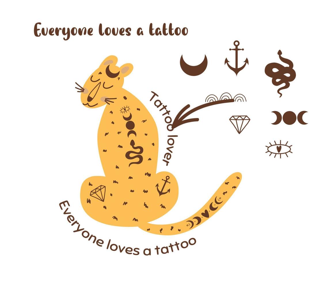 Tattooed model. Tattoo lover. Leopard with celestial tattoo. Cute wild cat illustration. Funny character. Graphic element. Summer tattoo animal. Vector illustration. Naive art. Jaguar, cheetah