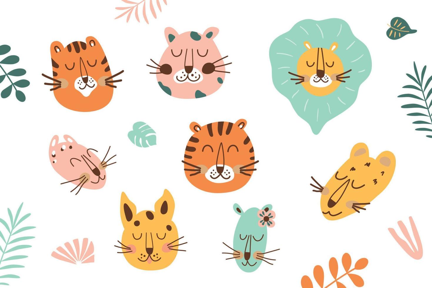 Jungle animal face set. Jungle animal head collection. Funny tiger, lion, leopard, jaguar head. Cartoon animals portraits isolated elements. Safari wild cats, wildlife characters. Vector illustration.