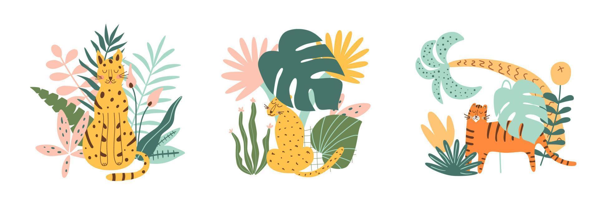 Leopard tropical exotic animals, tiger, leaves. Wild cats set wild animals in jungle, rainforest. Jaguar into jungle concept. Cute wild tiger into tropical leaves graphic element. Vector illustration.