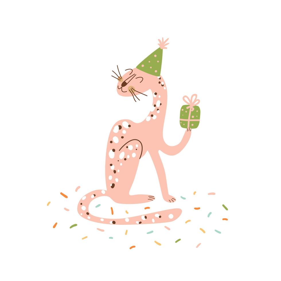 Jungle party pink cheethah in festival hat with gift. Birthday jaguar. Party leopard isolated graphic element. Safari animal wild party. Happy birthday greeting design. Cute wild vector illustration.