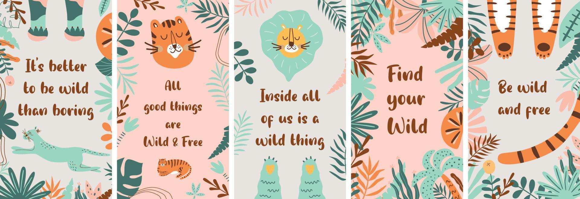 Summer set of nature social media stories, tropical plants, cute tiger, jungle leaf in vector. Childish style. Cute wildlife animals illustrations. Set of social media posts templates, mobile apps. vector