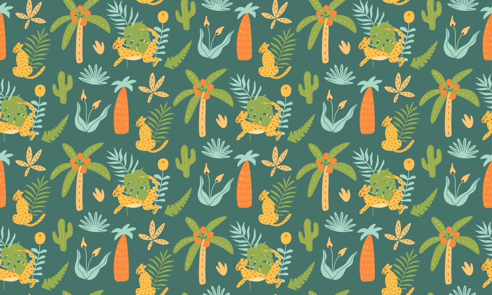 Jungle leopard pattern Seamless tropical jungle prints animals with exotic leaves, palm trees, jaguar. African childish animals background, Rainforest textile design. Green vector illustration.