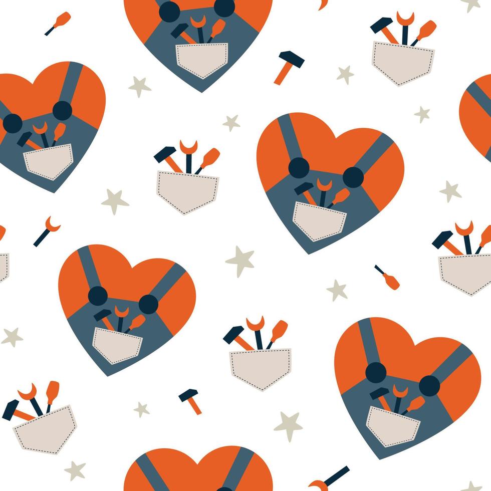 linda herramientas, instrumentos, kawaii corazón hacer sin costura modelo para padres día. corazón con edificio herramientas repetir antecedentes. linda equipo fondo de pantalla, hogar reparar, renovación impresión. vector ilustración.