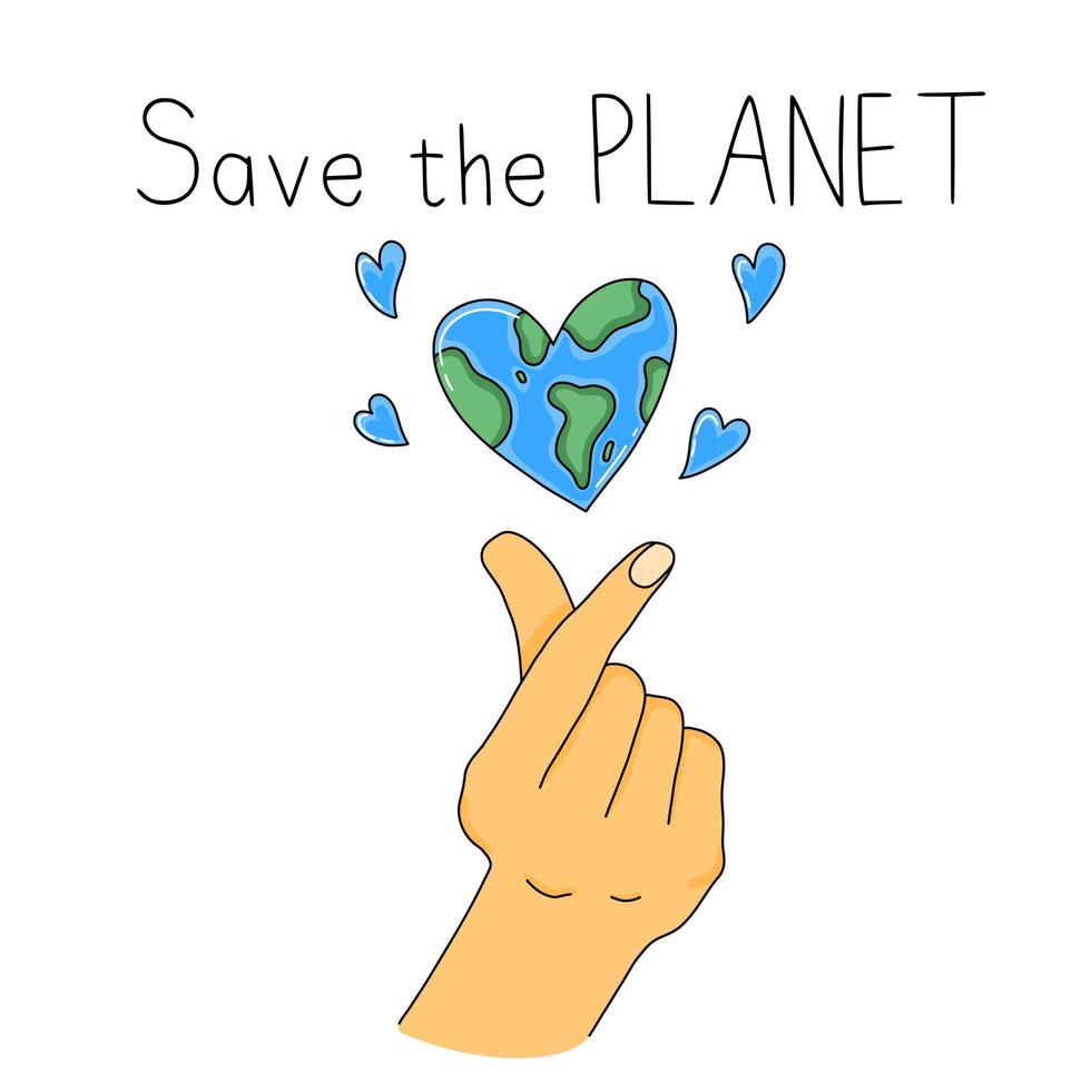 Happy Earth Day Card or Post Vector Illustration Save the Planet Clean and Healthy Love Gesture with Heart shaped Earth Planet