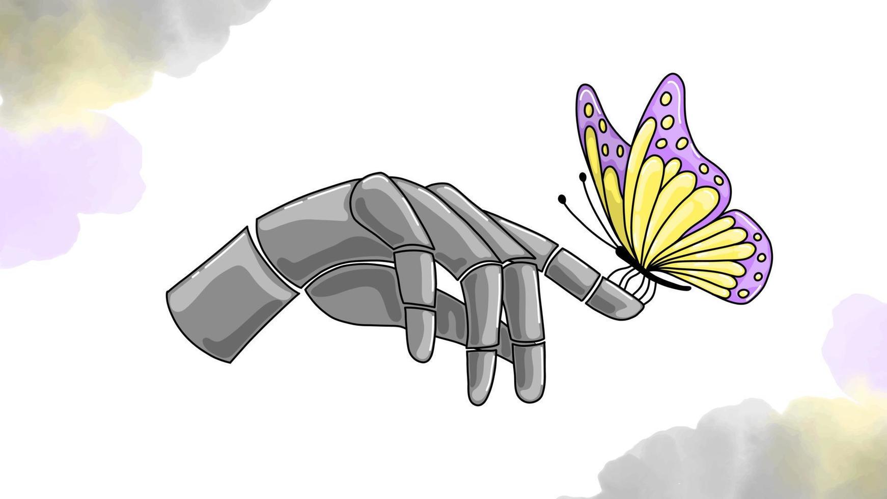 The Butterfly sits on the Robot's Finger Connection between Artificial Intelligence and Nature Vector Illustration of a Mechanical Hand with a Butterfly