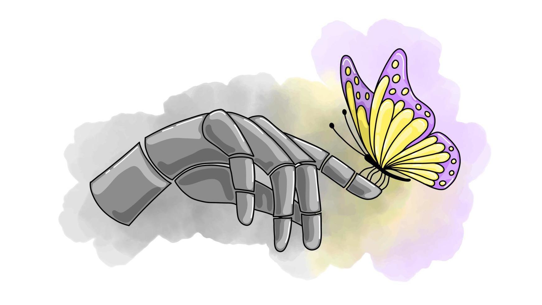 el mariposa se sienta en el de robot dedo conexión Entre artificial inteligencia y naturaleza vector ilustración de un mecánico mano con un mariposa en un acuarela antecedentes