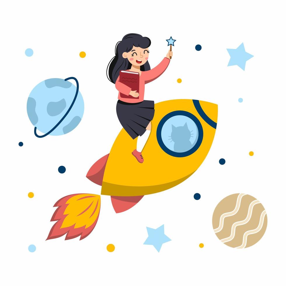 Cute girl on rocket is flying into space. Child with  book. Planets and stars. vector