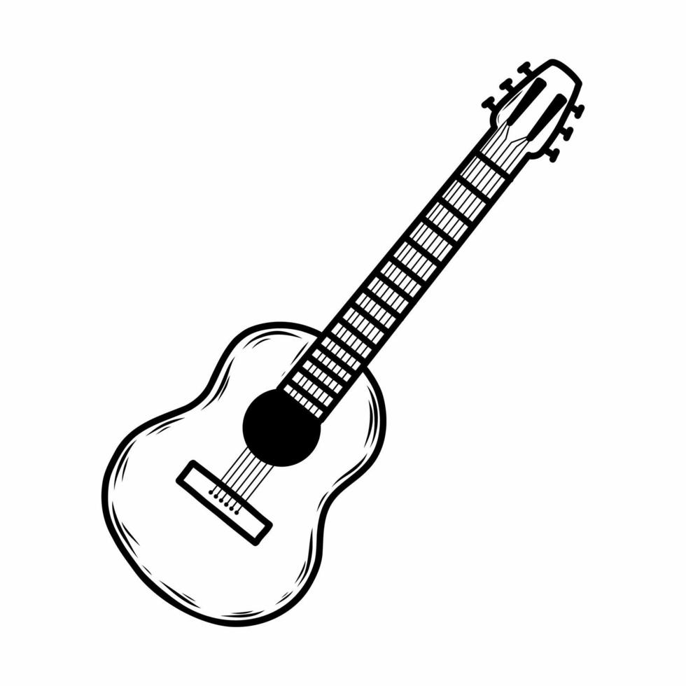 Classical Guitar. Stringed musical instrument. Vector doodle illustration. Sticker.