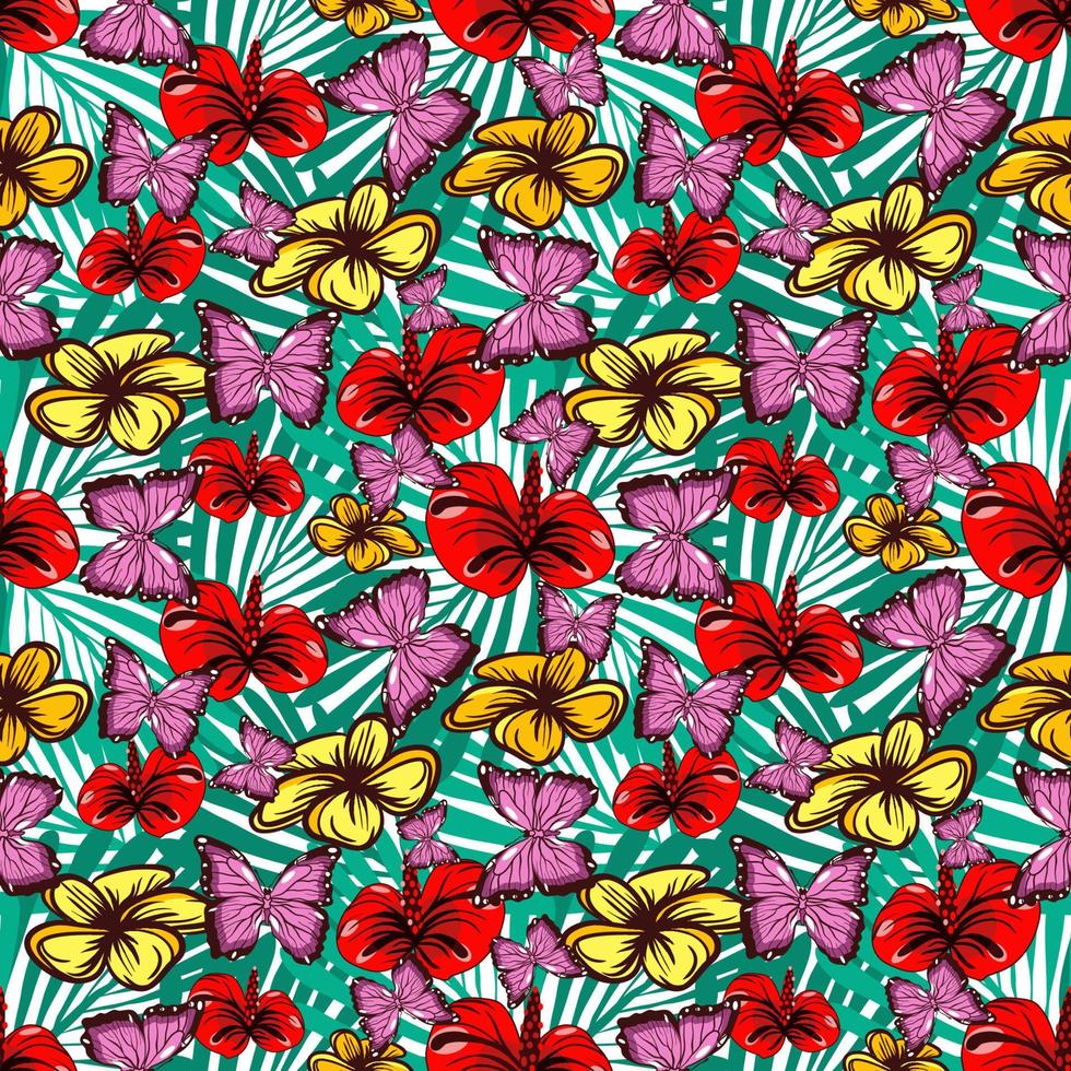 Seamless tropical pattern with butterflies, plumeria flowers and exotic leaves vector