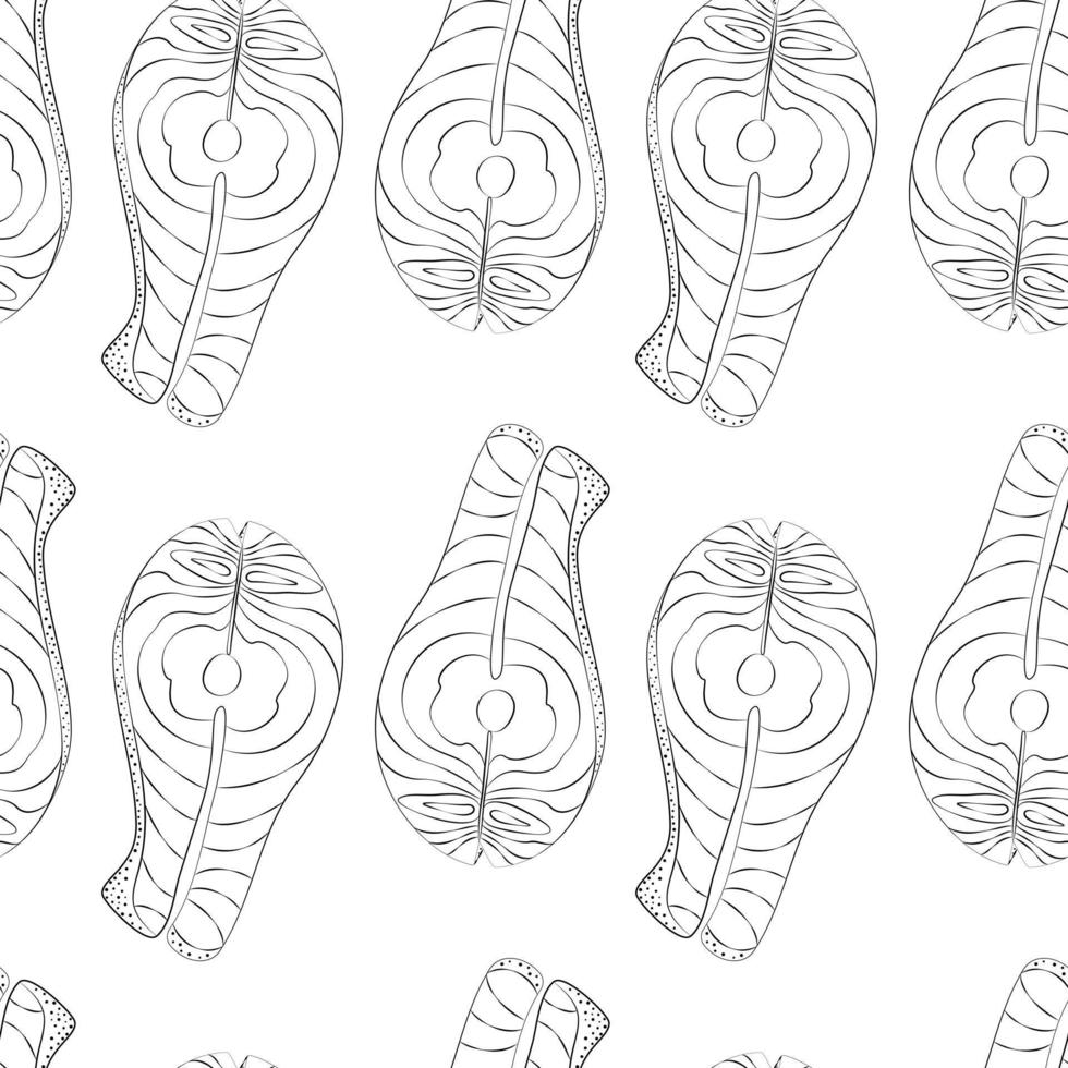 Seamless pattern of outline hand drawn of salmon steak. Eating Healthy Day. Seafood. Contour drawing vector