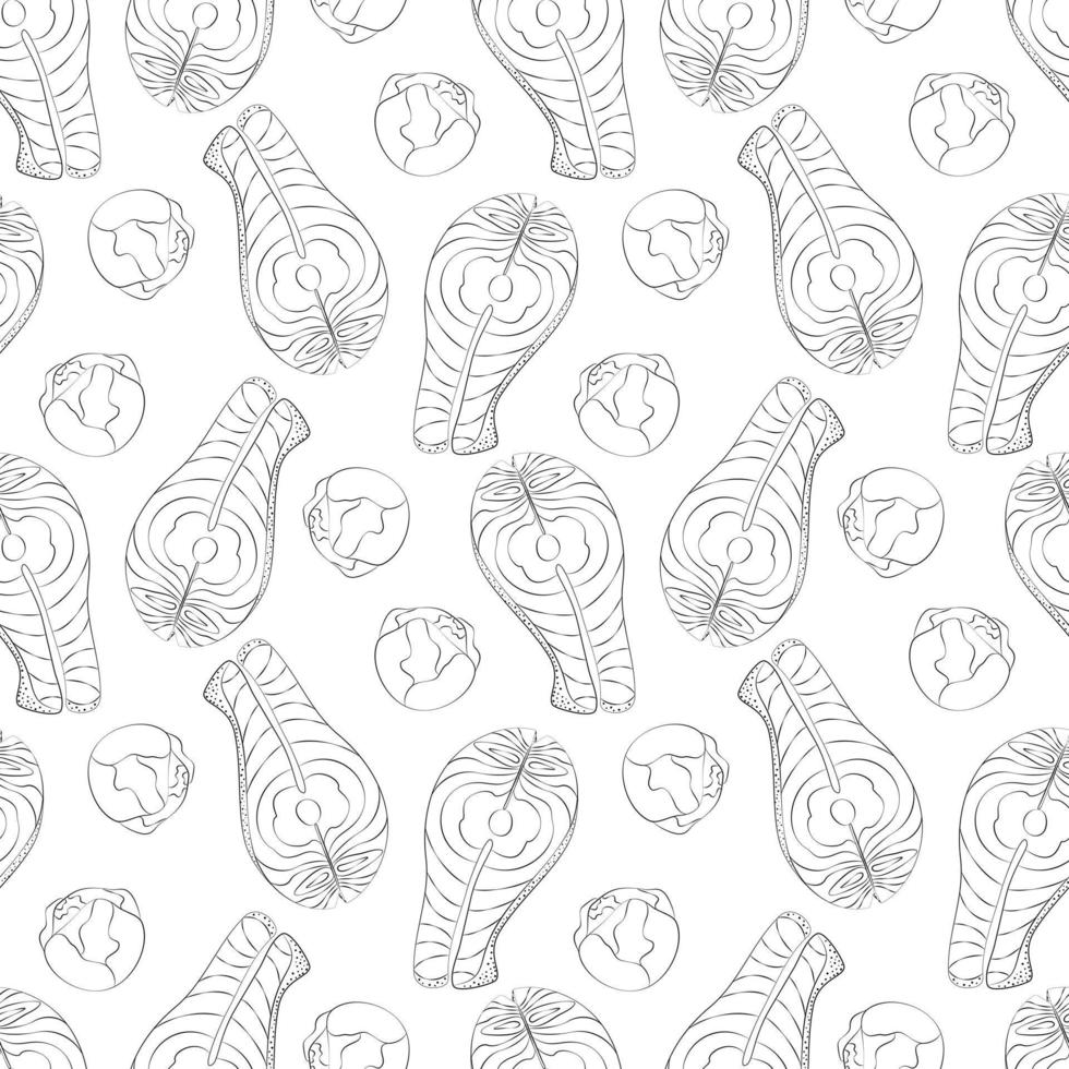 Seamless pattern of Outline drawing of salmon steak and head of brussels sprouts. Healthy eating day vector