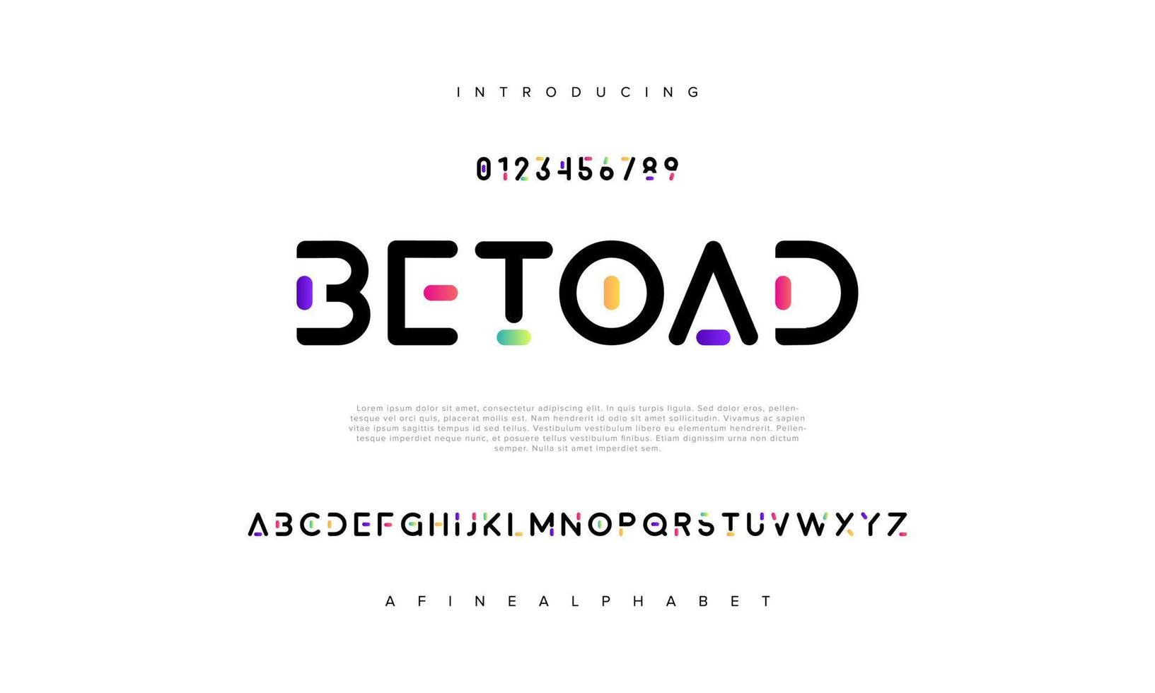 Betoad abstract digital technology logo font alphabet. Minimal modern urban fonts for logo, brand etc. Typography typeface uppercase lowercase and number. vector illustration