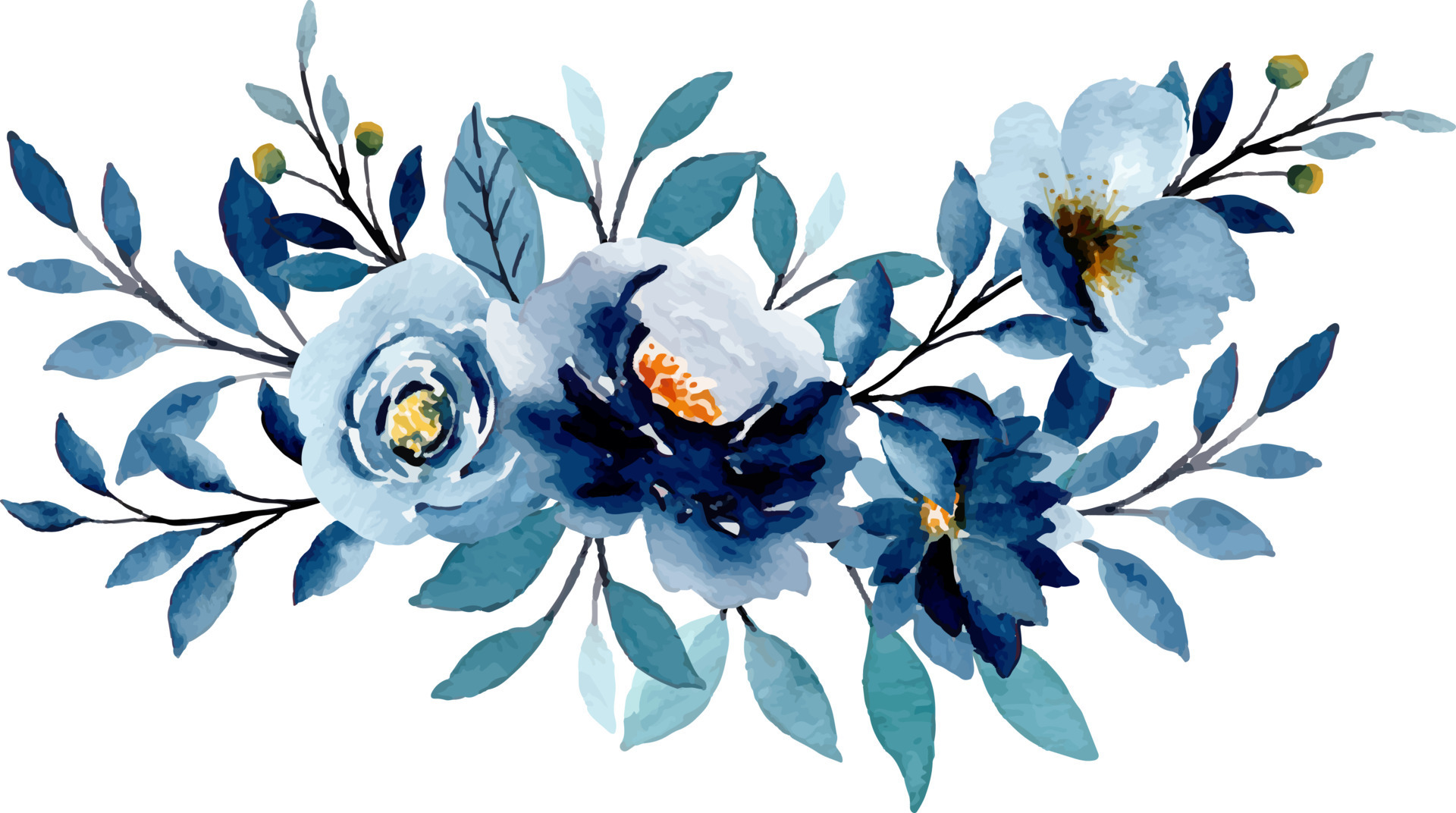 Blue flower bouquet with watercolor for background, wedding, fabric
