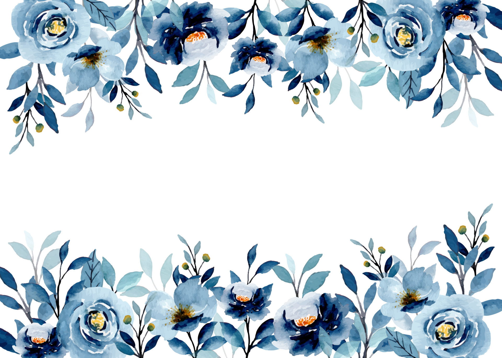 Blue floral border with watercolor for wedding, birthday, card ...