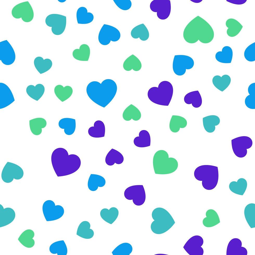 Colorful seamless pattern of small green, turquoise, dark blue hearts. Suitable for printing on textile, fabric, wallpapers, postcards, wrappers vector