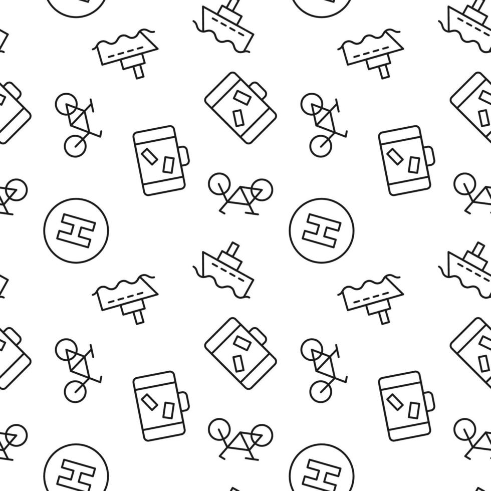 Seamless monochrome repeating pattern of various symbols of travel, vacation and hotel vector