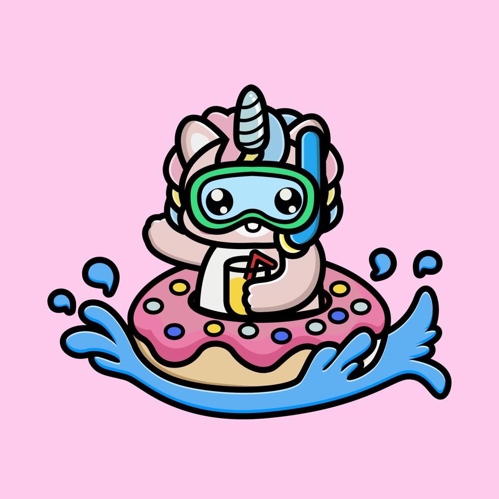 Cute unicorn with doughnut tires and orange juice cartoon vector