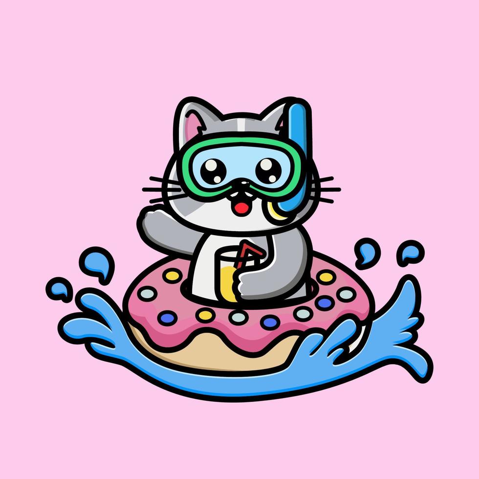 Cute cat with doughnut tires and orange juice cartoon vector