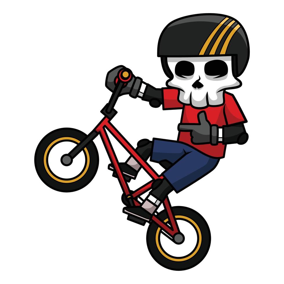 cráneo bmx jinete usa un casco y almohadillas en rodillas y codos haciendo un caballito cráneo dibujos animados. vector