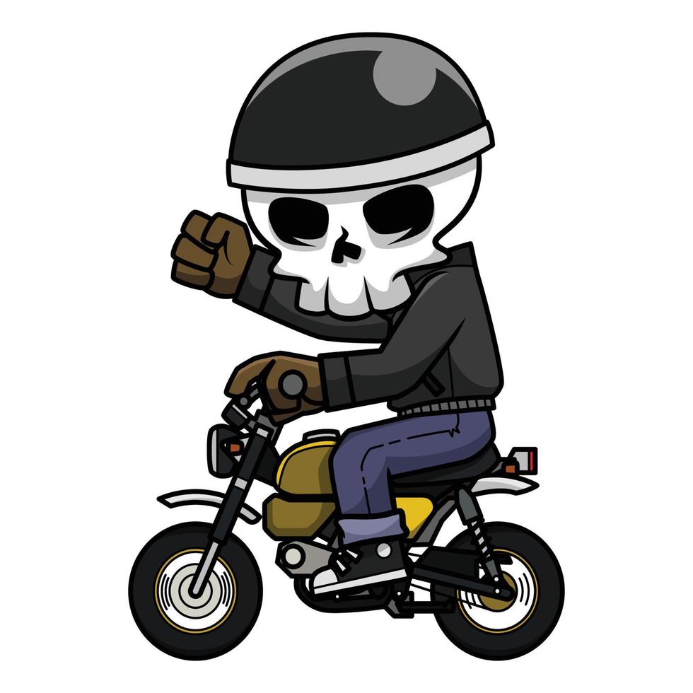 un cráneo motorista paseos su moto a alto velocidad mientras levantamiento su manos. cráneo dibujos animados. vector