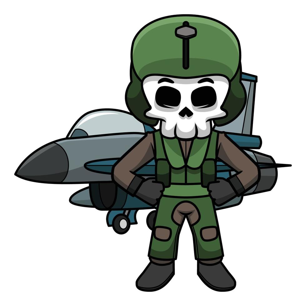 cráneo piloto posando en frente de un combatiente aeronave vistiendo su casco y disfraz.calavera dibujos animados. vector