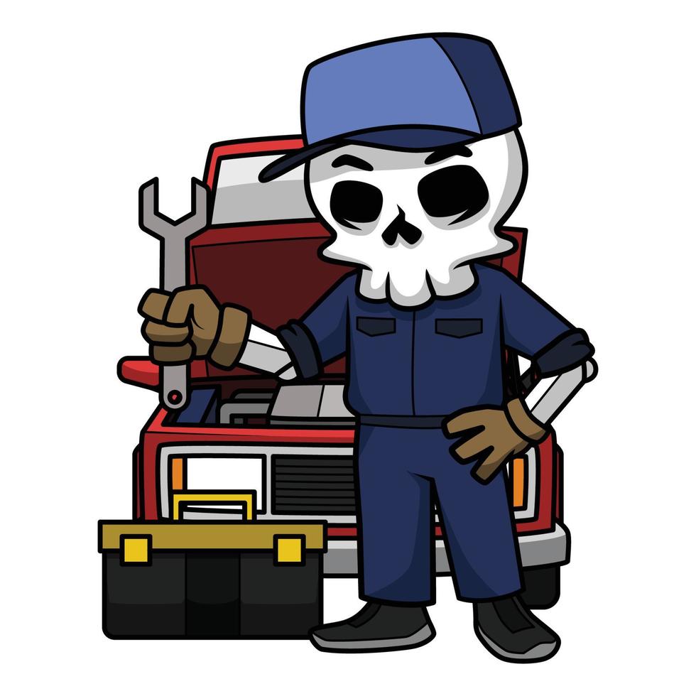 Mechanical Skull Getting Ready To Repair The Car With His Tools. Skull Cartoon. vector