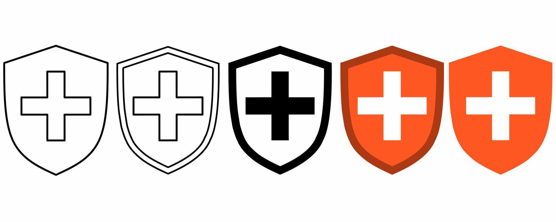outline silhouette Medical shield with cross icon set isolated on white background vector