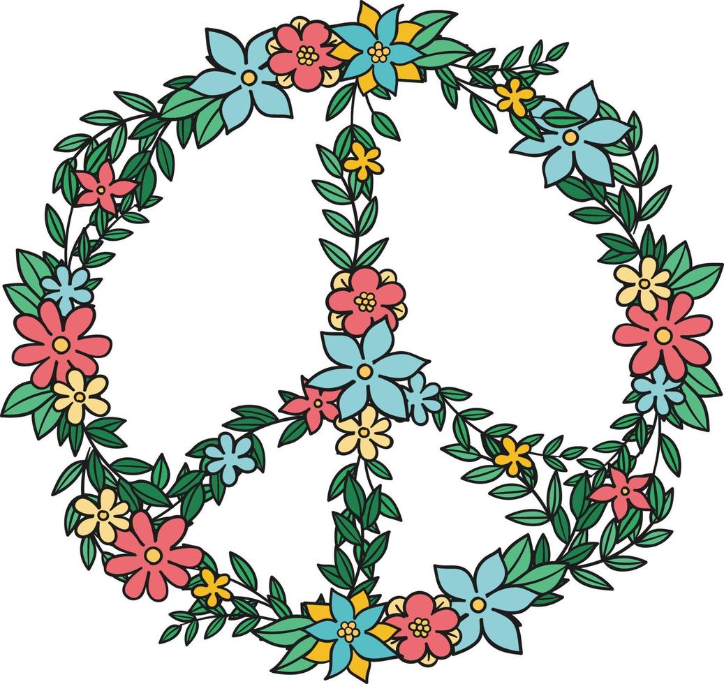 Vector illustration of a bunch of colorful flowers forming a symbol of peace