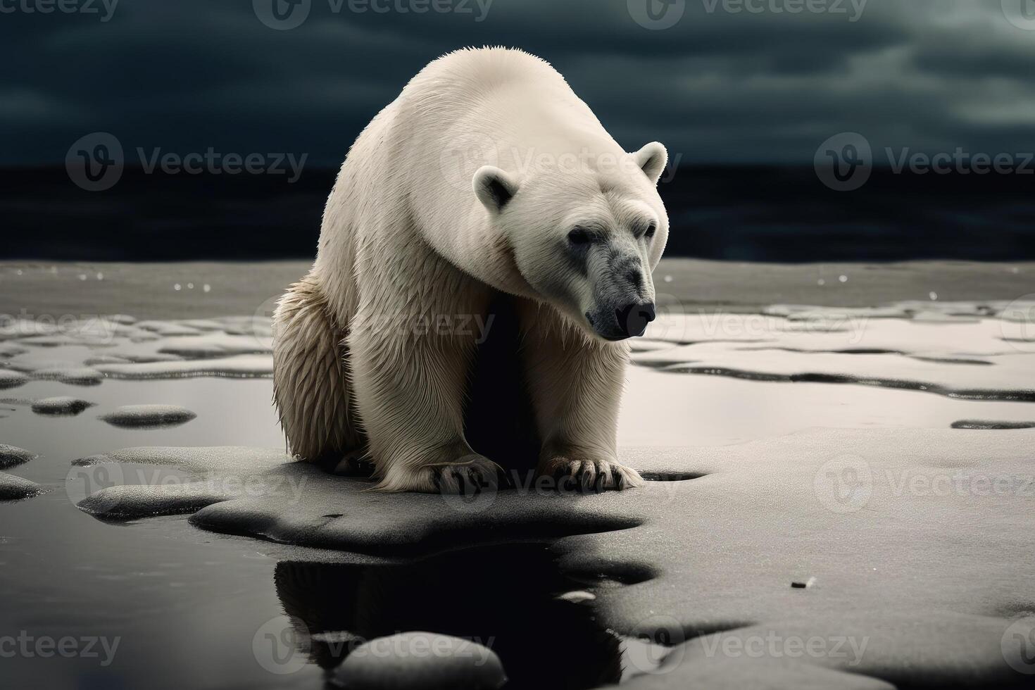 A sad polar bear on a small ice floe created with technology. photo