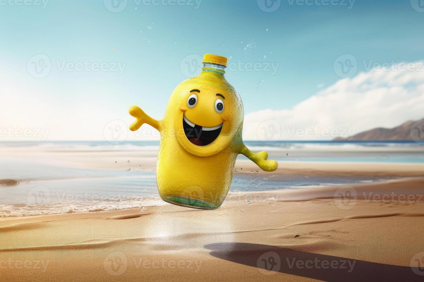 A happy bottle of lemonade at the beach created with technology. photo